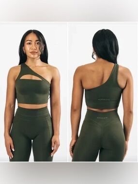 Alphalete Olive Asymmetric Cutout Sports Bra |  Olive | S